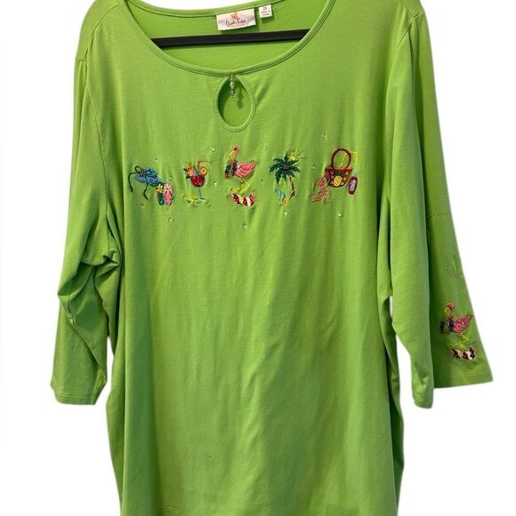 Quacker Factory Flamingo Beach Vacay Green Embroidered 3/4 Sleeve Top Size 2X - Picture 6 of 6